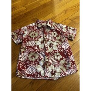 Roberta Oaks Hawaiian Print AOP Shirt Pineapples Hibiscus Red‎ Boys Size 8